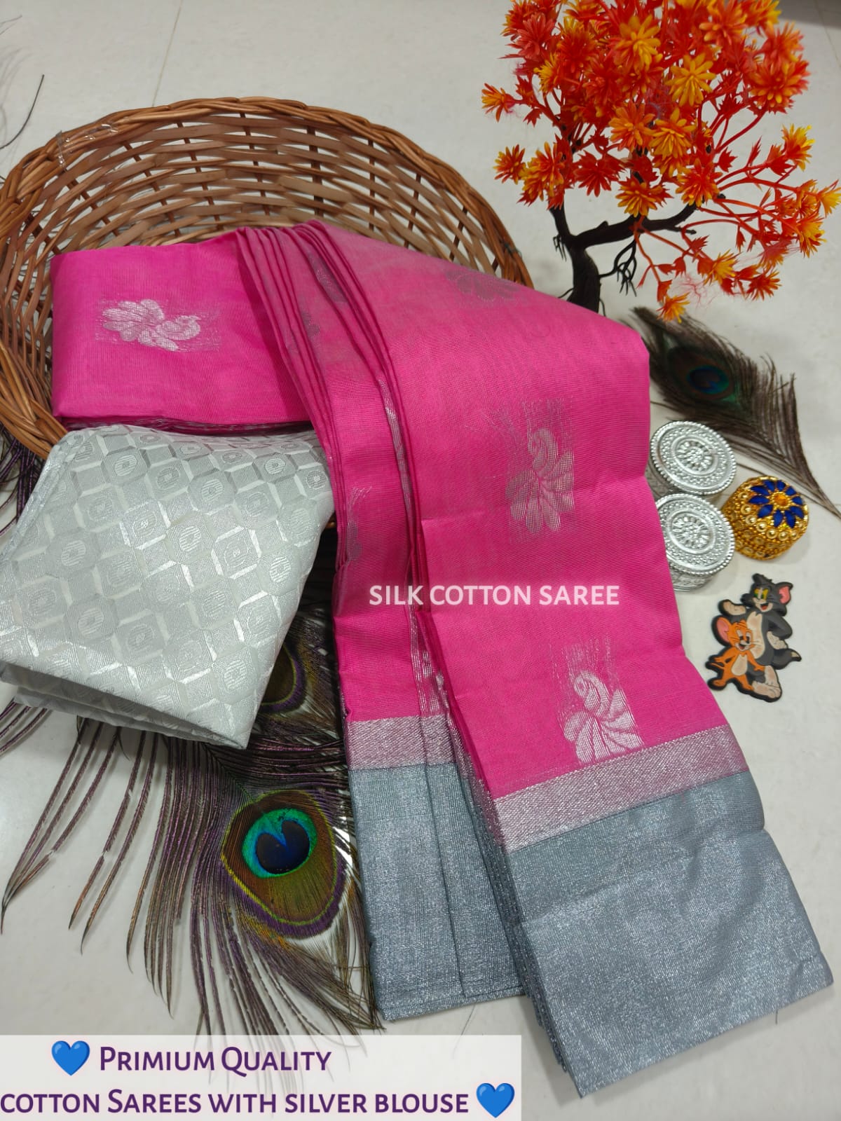 Silk Cotton Saree With Silver Zari