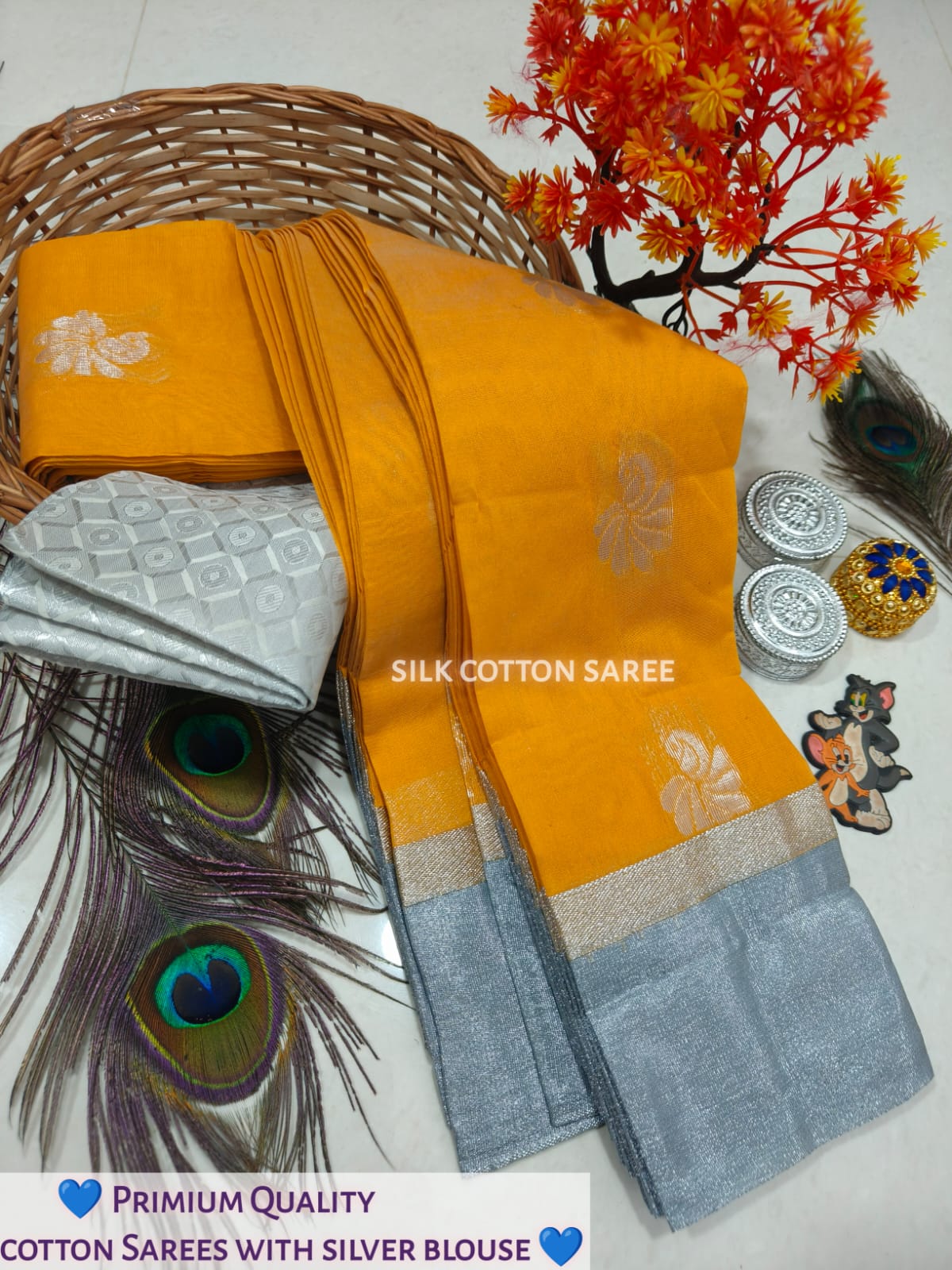 Silk Cotton Saree With Silver Zari