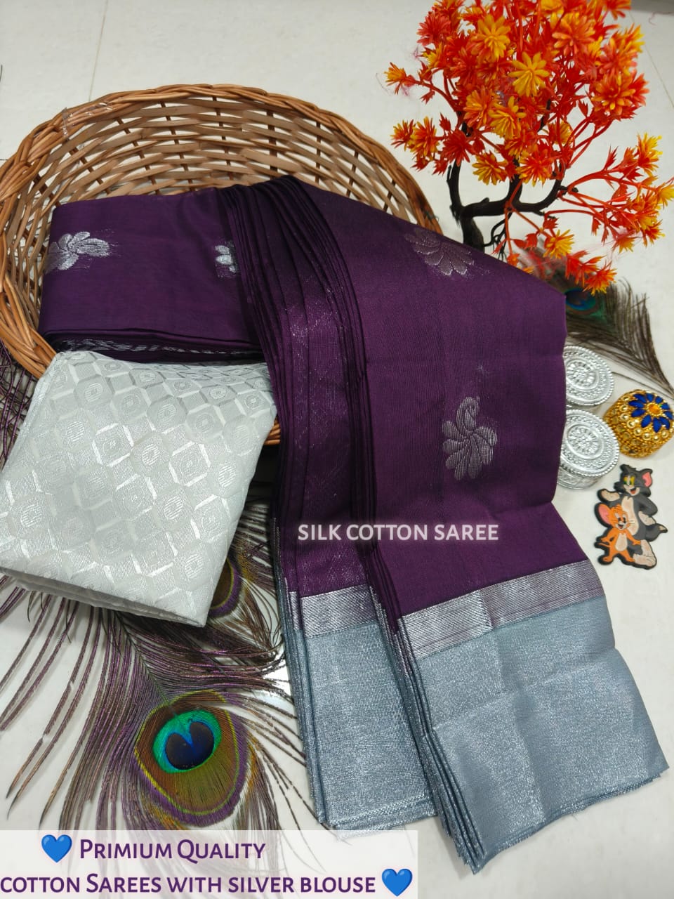 Silk Cotton Saree With Silver Zari