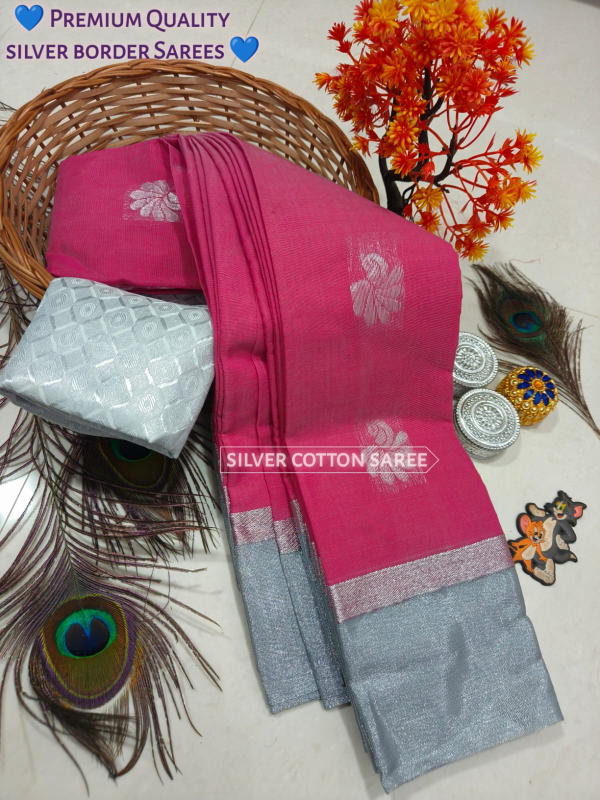 Silk Cotton Saree With Silver Zari