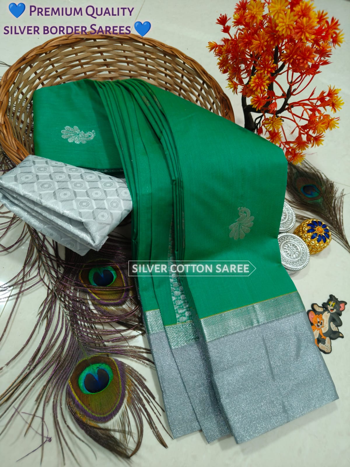 Silk Cotton Saree With Silver Zari