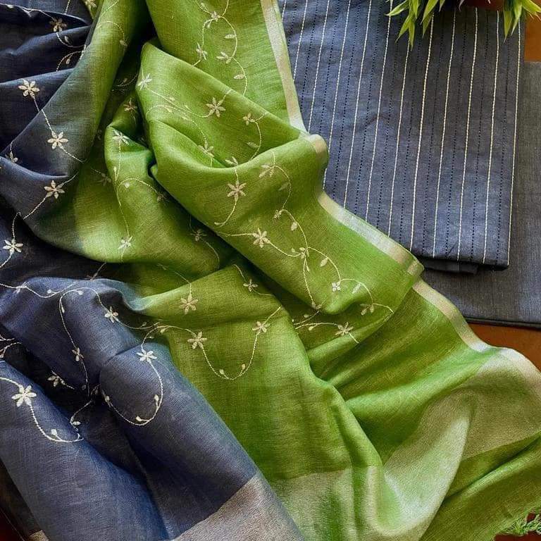 Slub linen embroidery work dress material