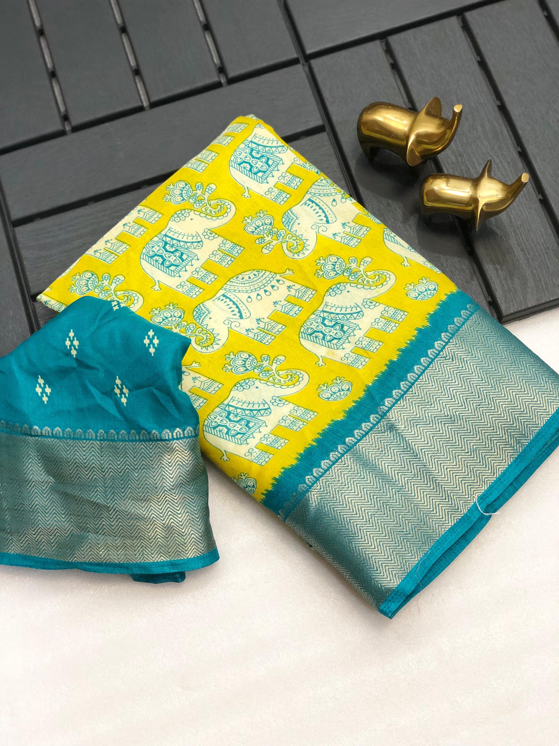 Soft Dola Silk Elephant Printed Saree With Heavy Zari Border