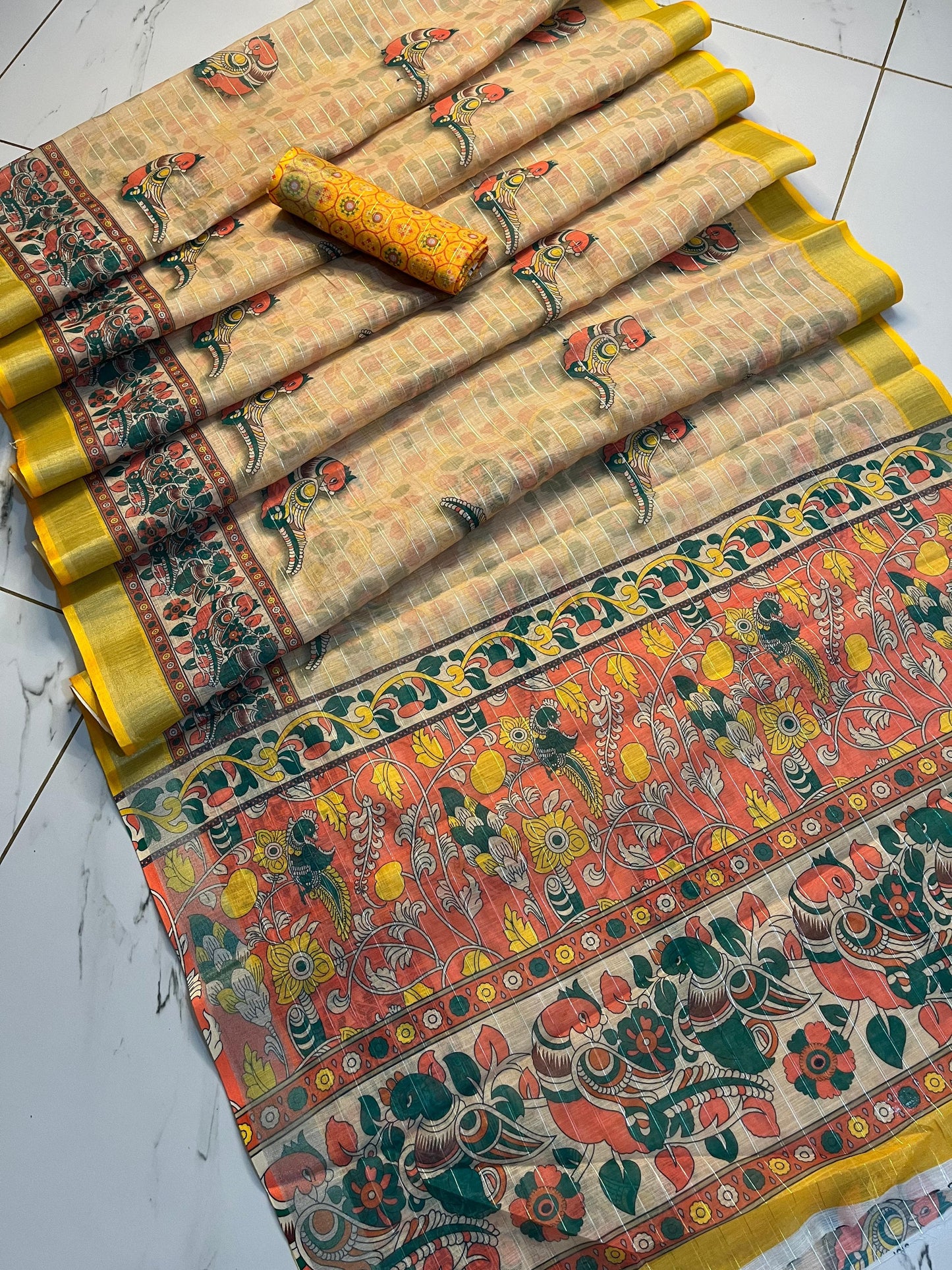 Soft Linen Silk Parrot Digital Printed Work on Saree