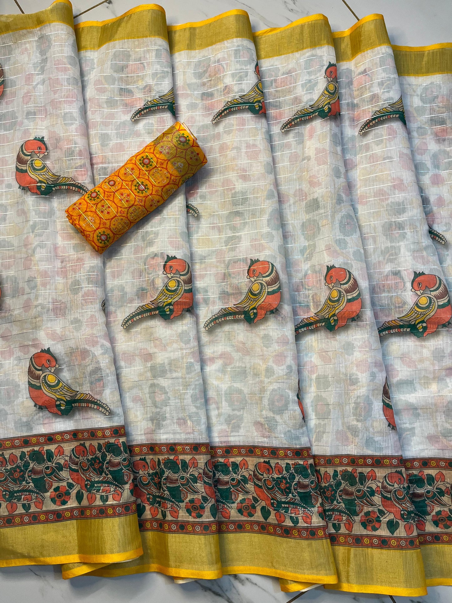 Soft Linen Silk Parrot Digital Printed Work on Saree