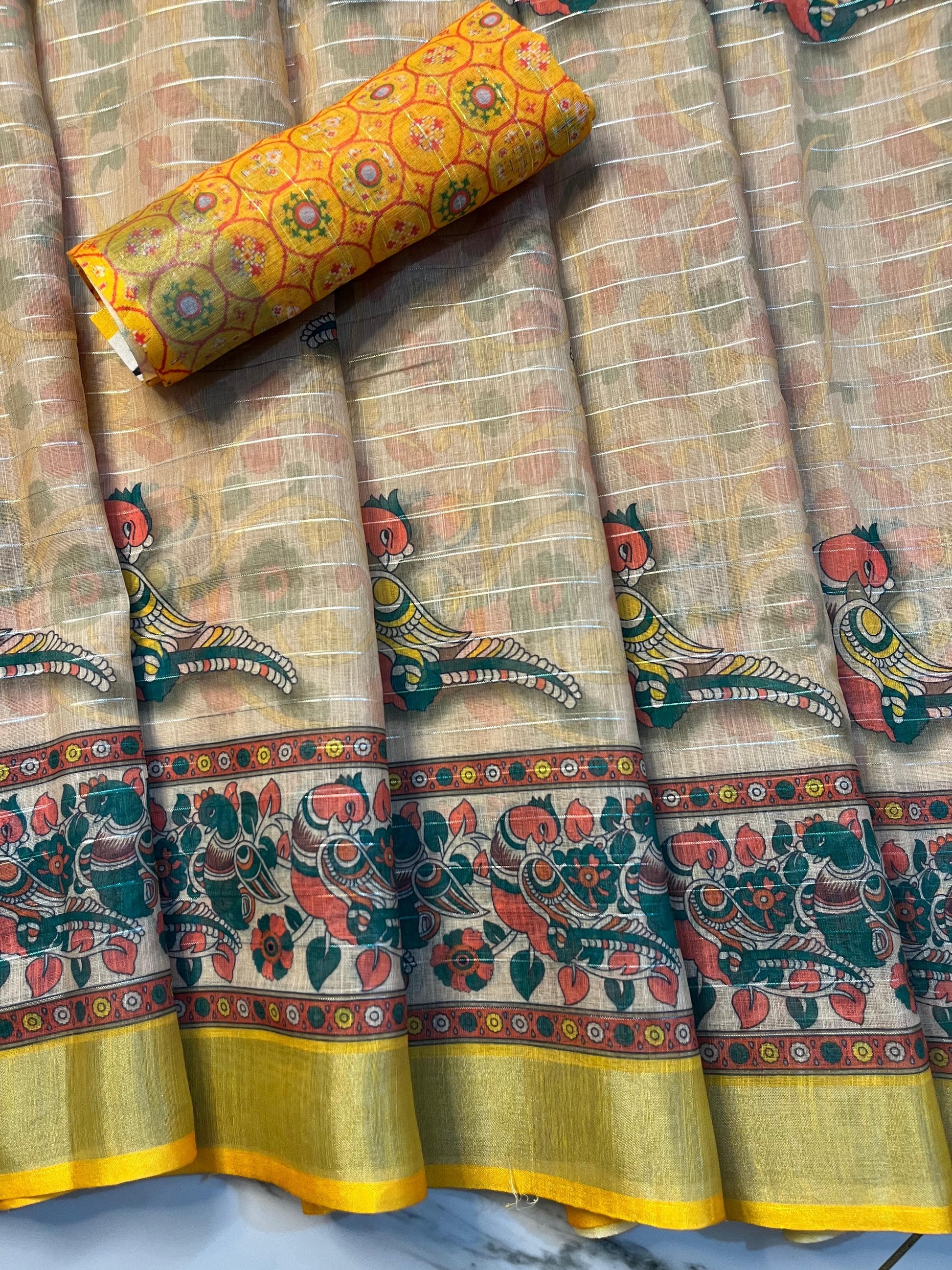 Soft Linen Silk Parrot Digital Printed Work on Saree