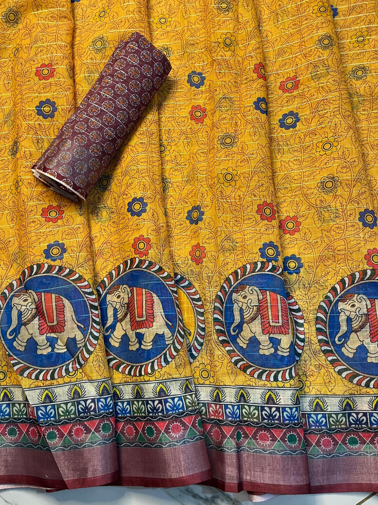 Soft Linen Silk Krishnan and Arjuna and Elephant Digital Printed Work on Saree