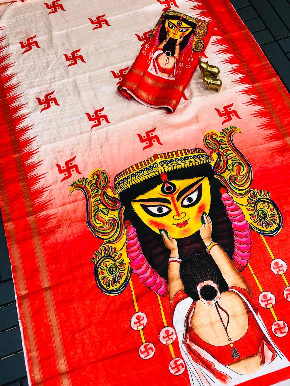 Soft Silk Saree with All-Over Durga Puja Print and Zari Border