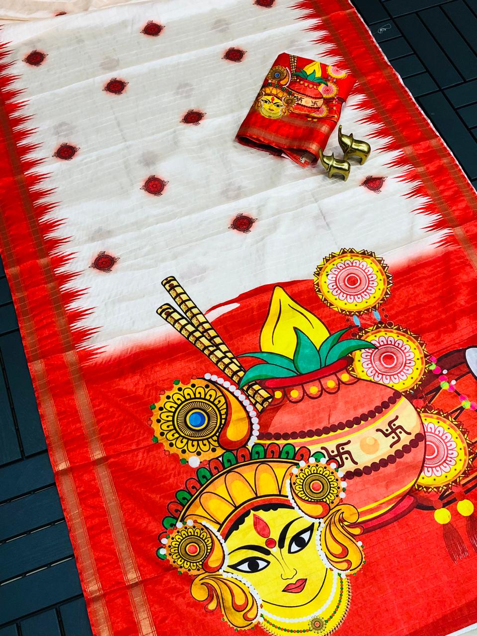 Soft Silk Saree with Durga Puja Print and Zari Weaving Border