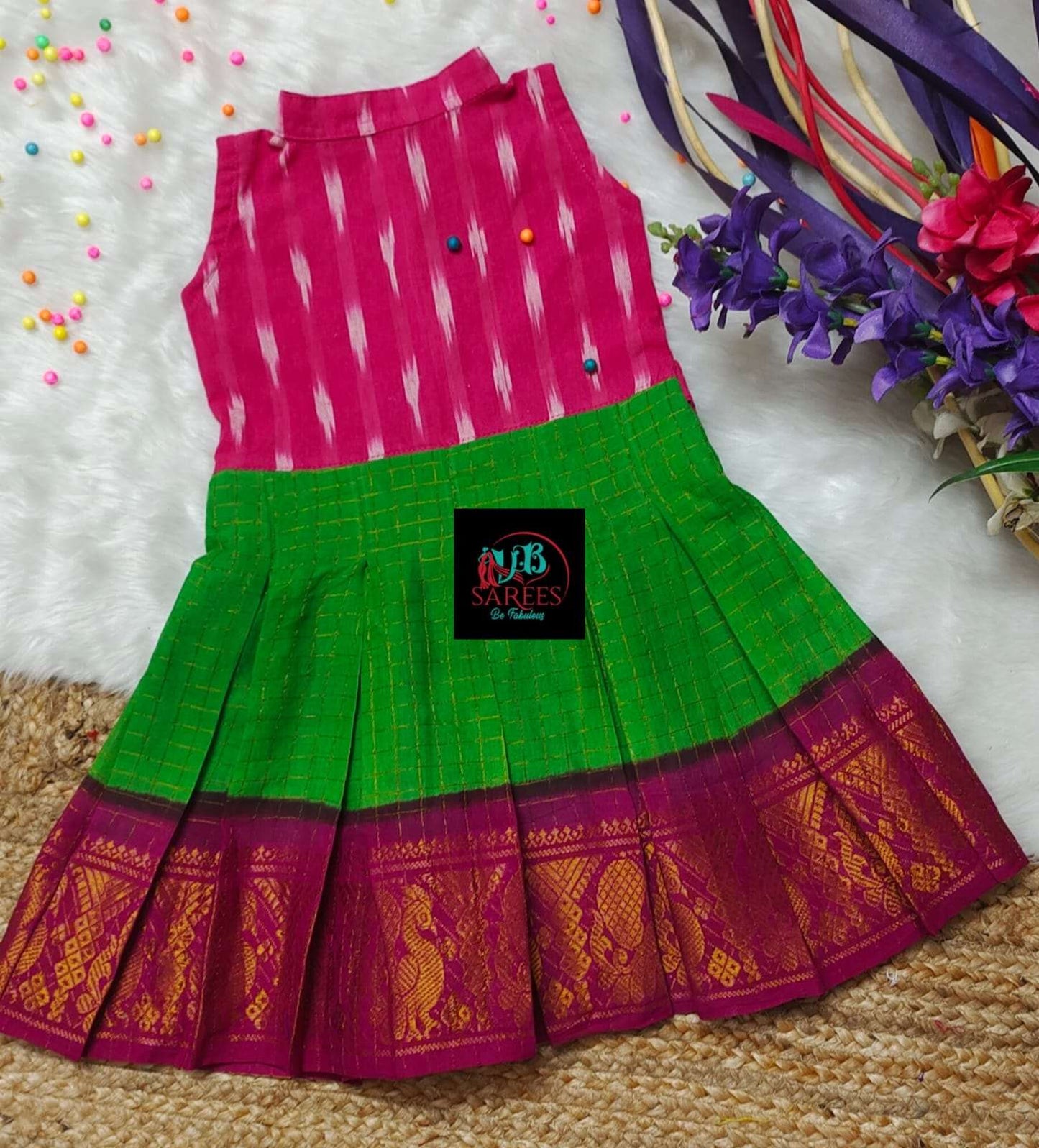 0 - 14 years sungudi cotton with ikkat frock