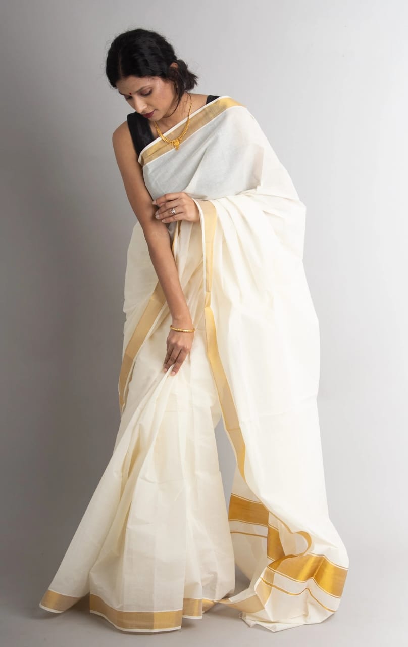 TEXATION Women's Kerala Kasavu Tissue Saree With Running Blouse (Saree 5.25  meter, Blouse 0.8 meter) Onam Special.. (Cream) : Amazon.in: Fashion