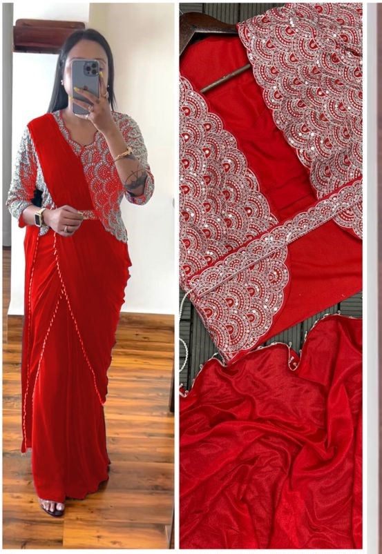 Trending Embroidery Cording Work Ready to Wear Saree With Full Koti