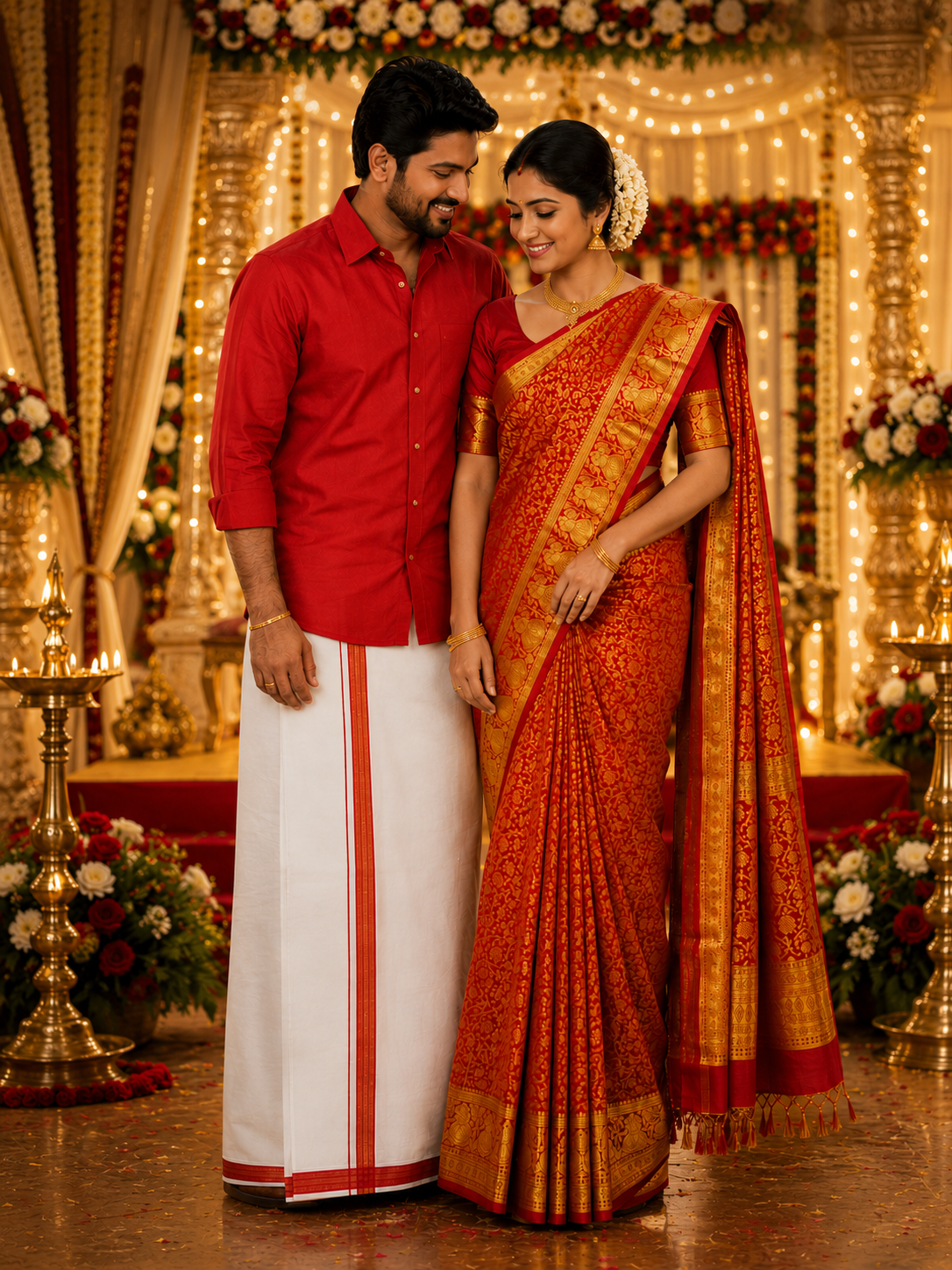 Semi Silk Saree & Cotton Dhoti Shirt - Couple Combo Set