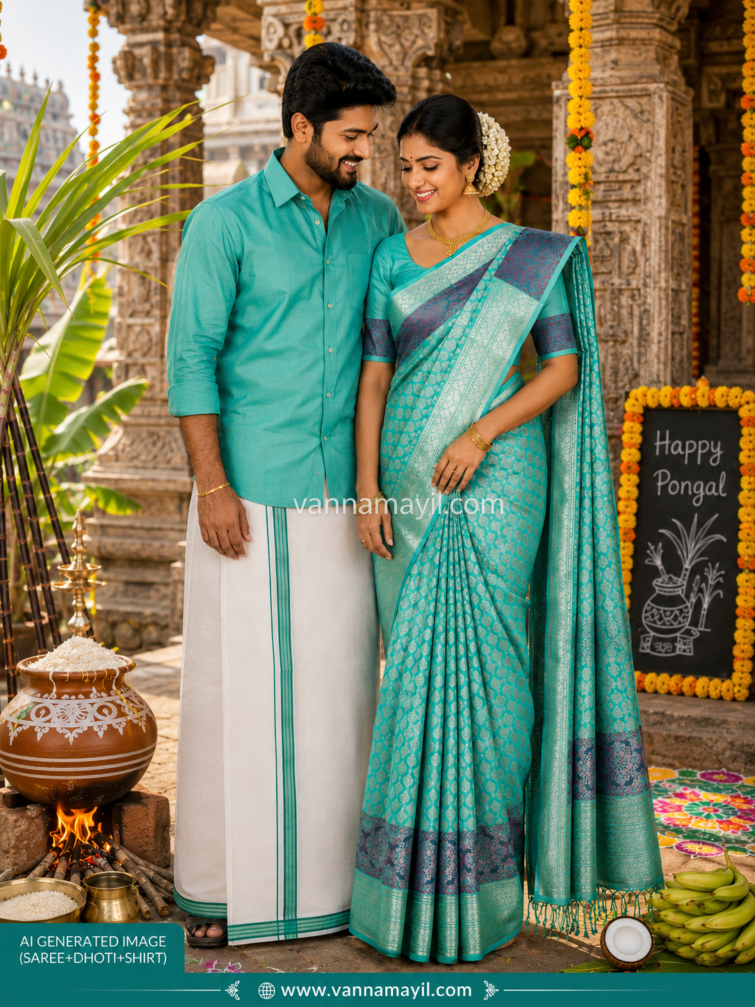 Semi Silk Saree & Cotton Dhoti Shirt - Couple Combo Set