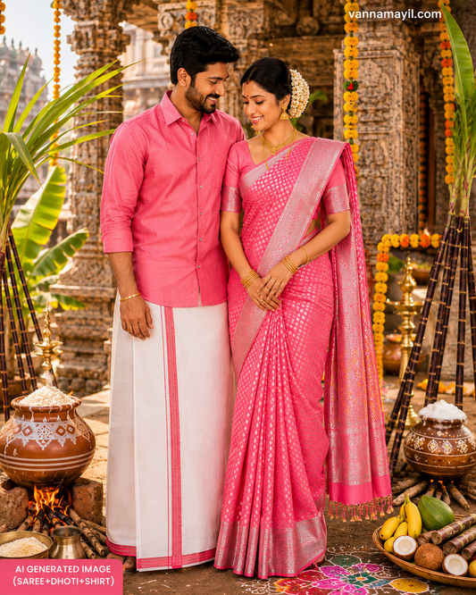 Semi Silk Saree & Cotton Dhoti Shirt - Couple Combo Set