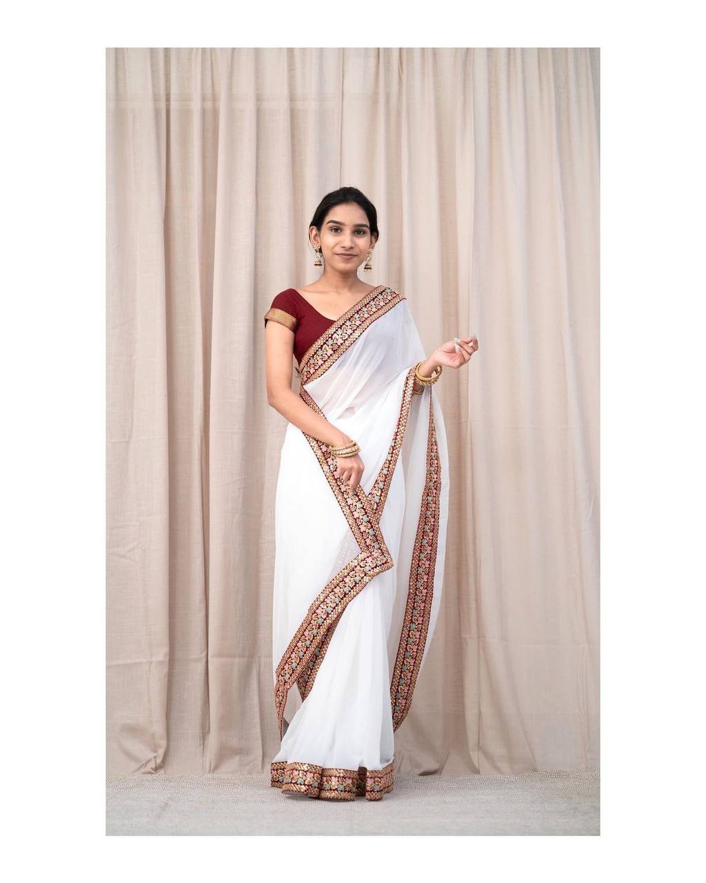 Durga Puja Special White and Red Color Combination Georgette Silk Saree