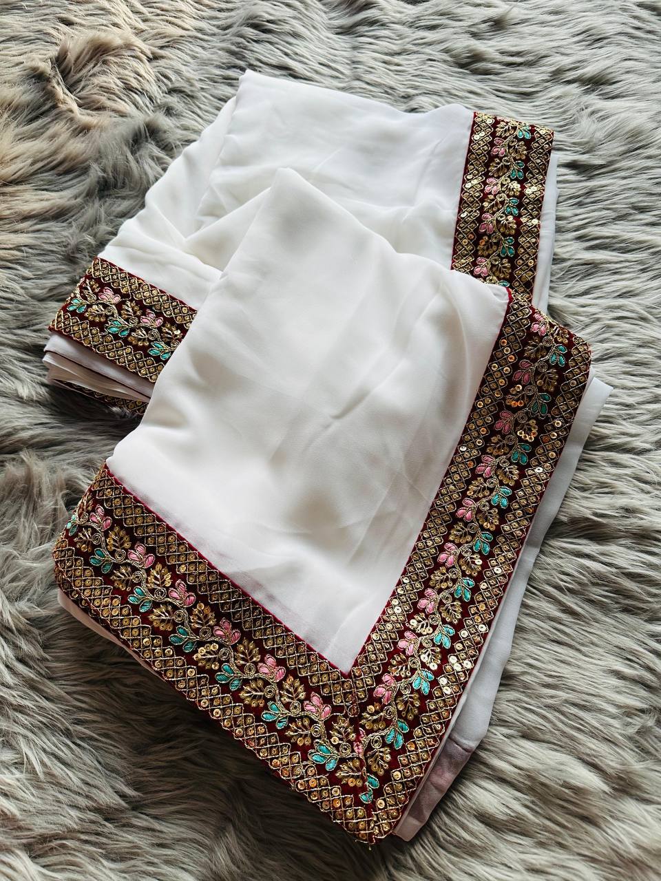 Durga Puja Special White and Red Color Combination Georgette Silk Saree
