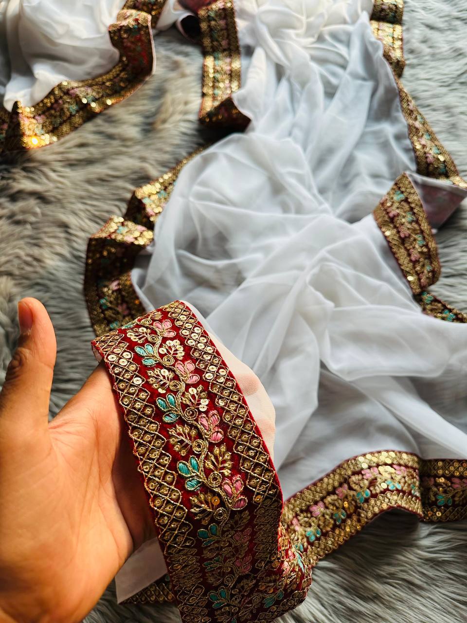 Durga Puja Special White and Red Color Combination Georgette Silk Saree