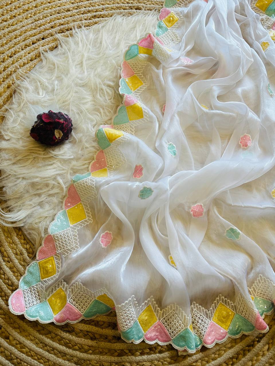 White Color Saree Multicolor Sequence Work Border Viscose Jimmy Chhoo Silk Saree