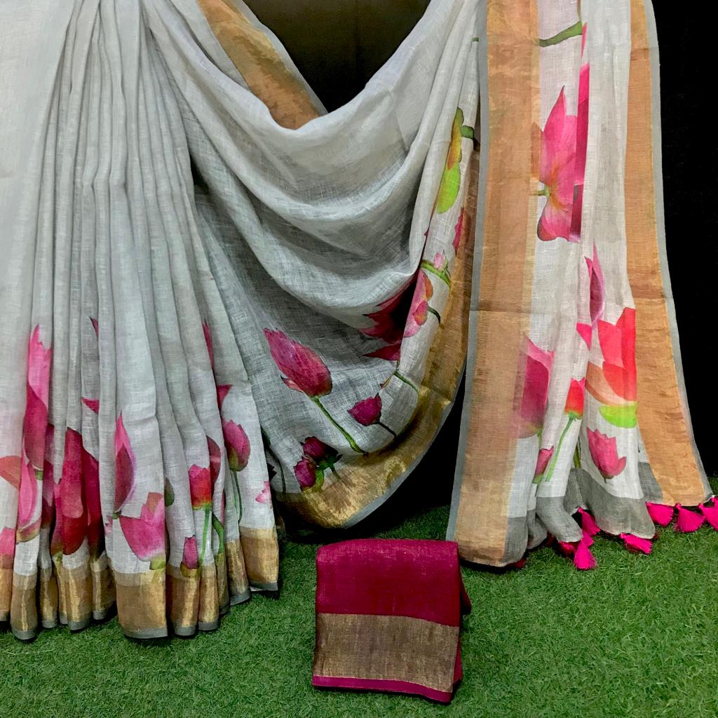 Floral digital print pure linen saree