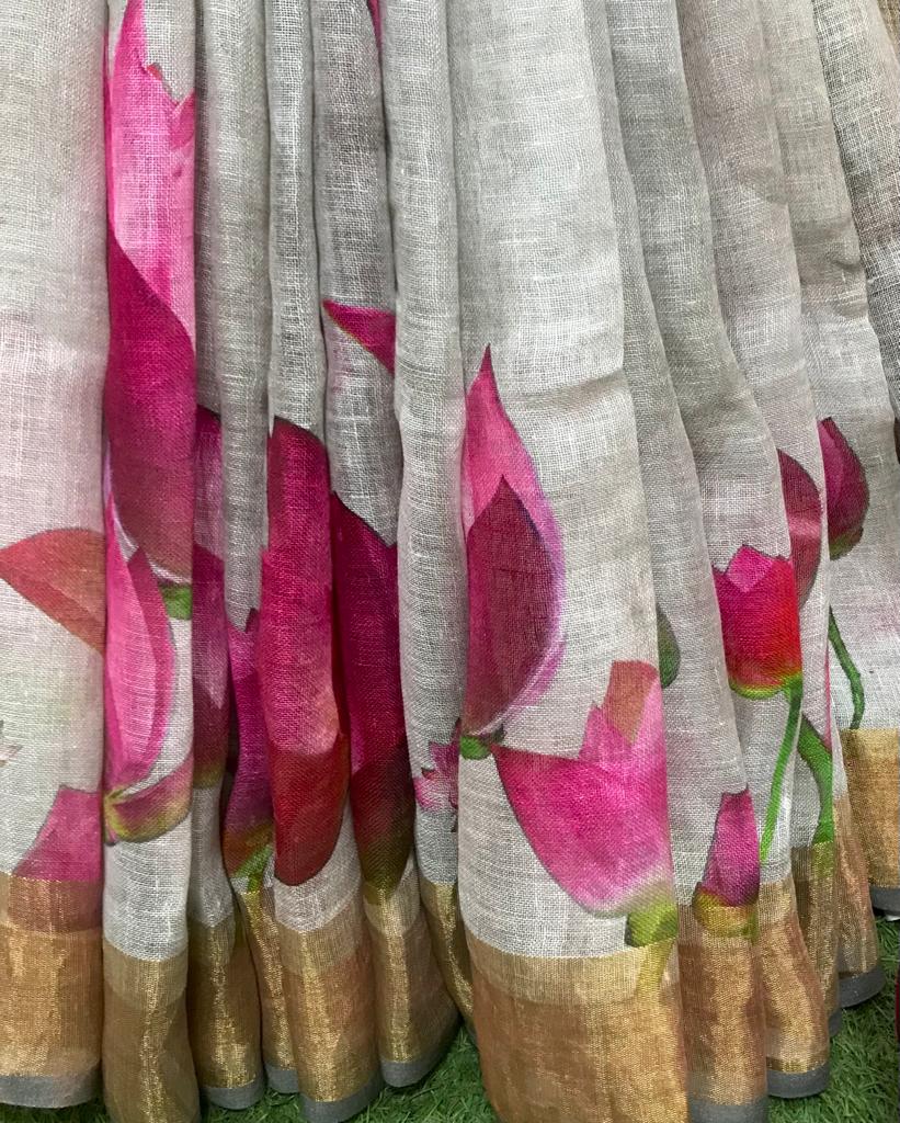 Floral digital print pure linen saree