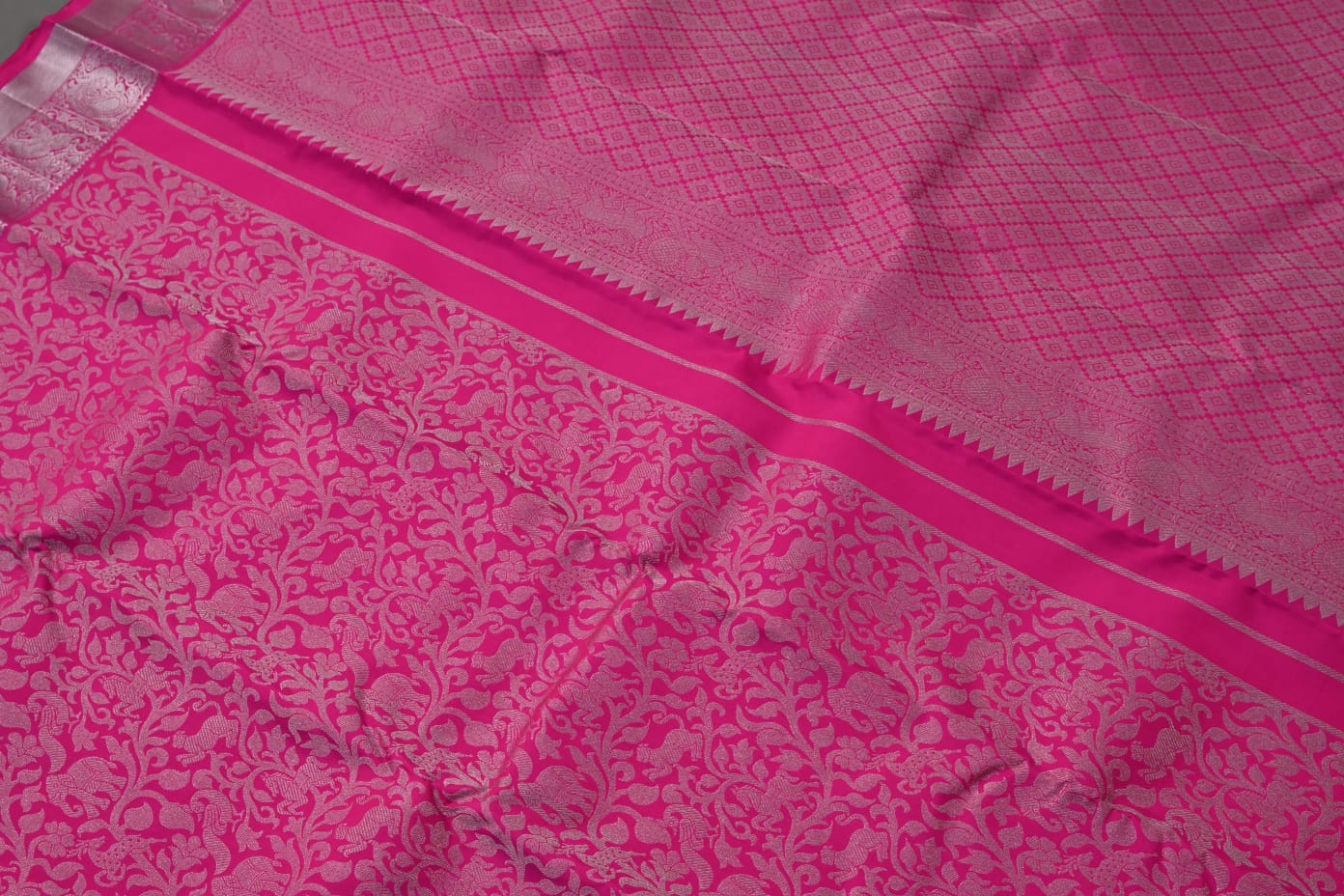 Pure silk handloom kanchipuram in bright pink color saree - Vannamayil Fashions