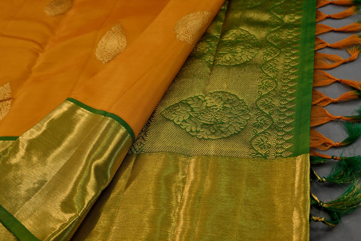 Kanchipuram pure silk in yellow with green color saree - Vannamayil Fashions