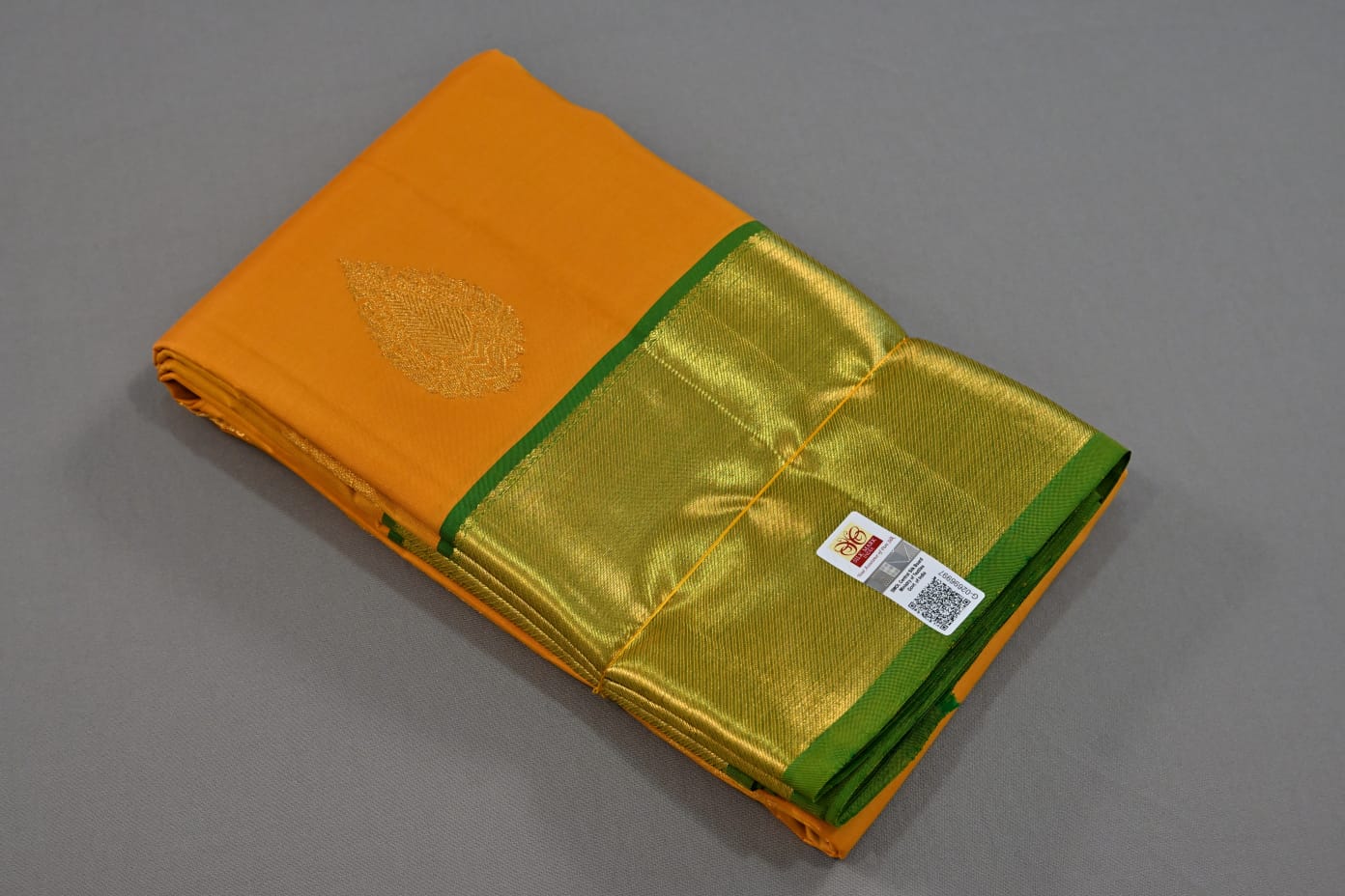 Kanchipuram pure silk in yellow with green color saree - Vannamayil Fashions