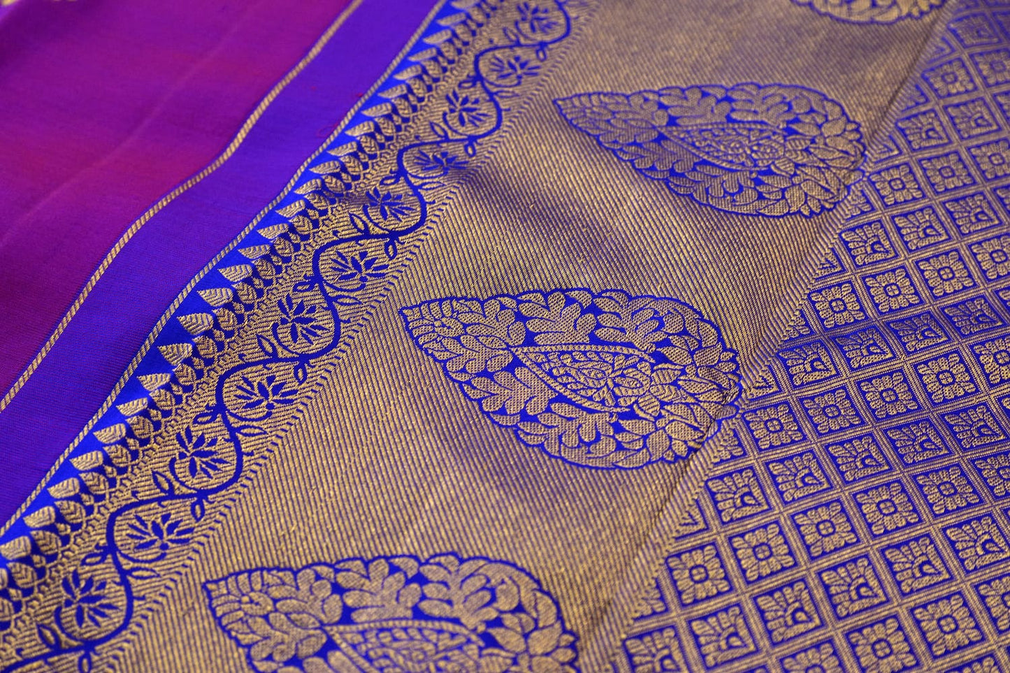 Kanchipuram handloom pure silk in purple with royal blue color saree - Vannamayil Fashions