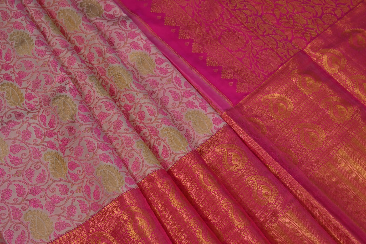 Kanchipuram handloom pure silk in white and pink color saree - Vannamayil Fashions