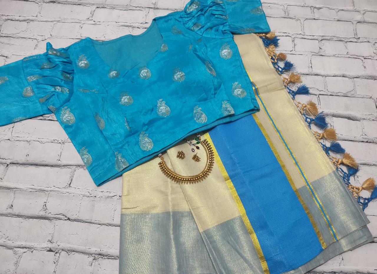 Kerela tissue  saree with stitched raw silk puff sleeve blouse - Vannamayil Fashions