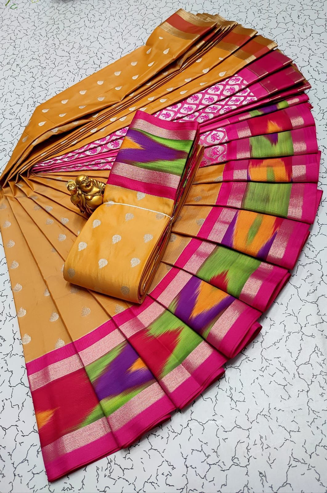 Turmeric Yellow Handloom Kanchipuram Korvai Silk Saree With Stripes