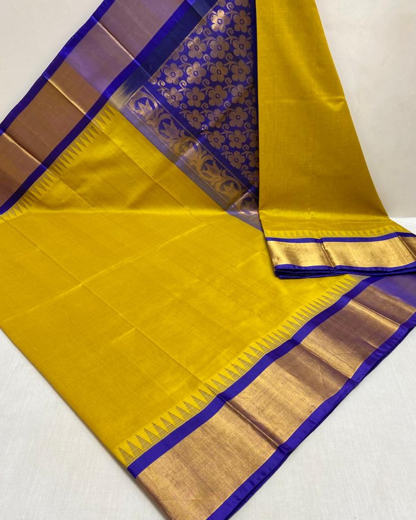 Yellow pure KUPPADAM high quality temple border silk cotton saree