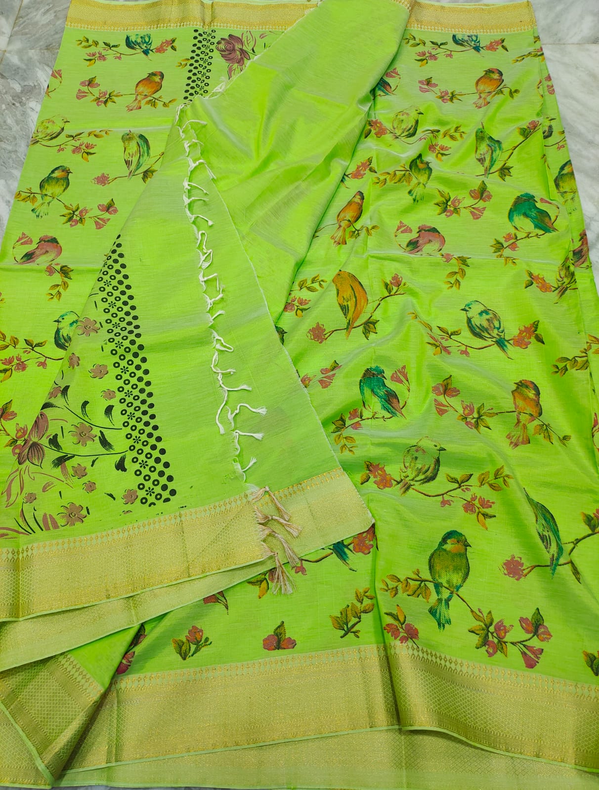 Mangalagiri pattu gold zari border beautiful digital printed saree - Vannamayil Fashions
