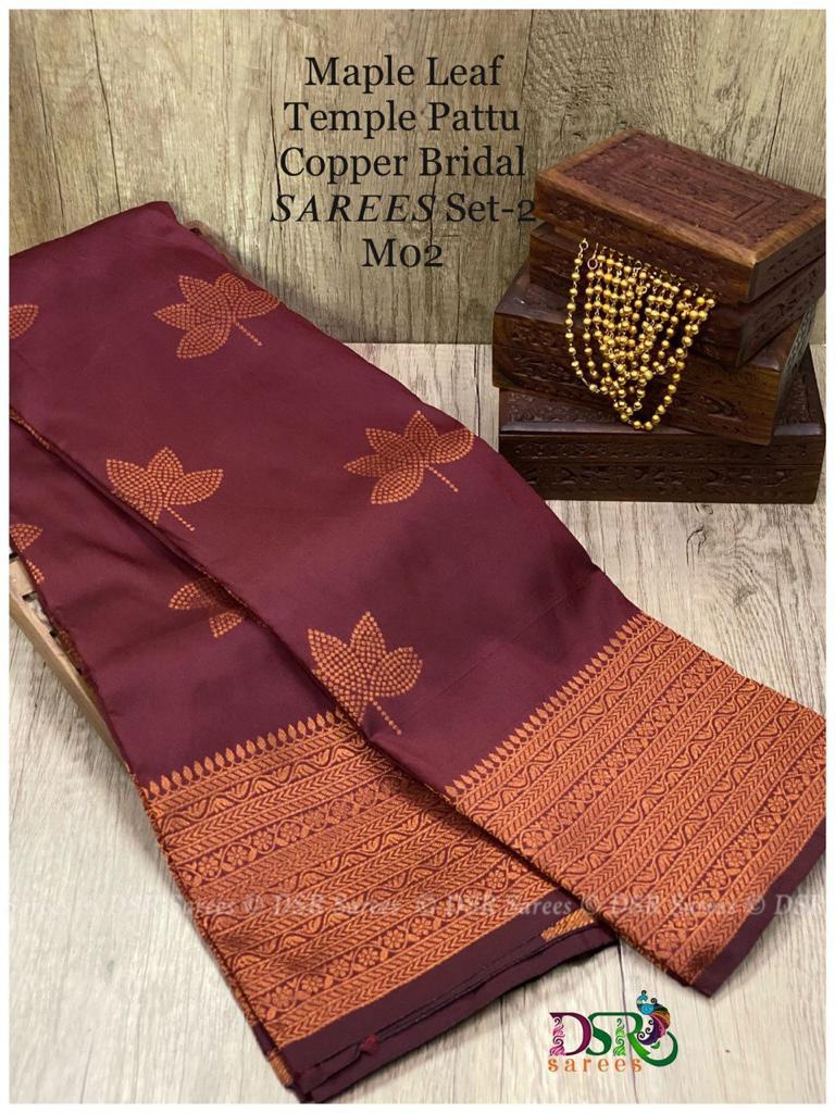 Maple leaf designed temple pattu copper work saree - Vannamayil Fashions