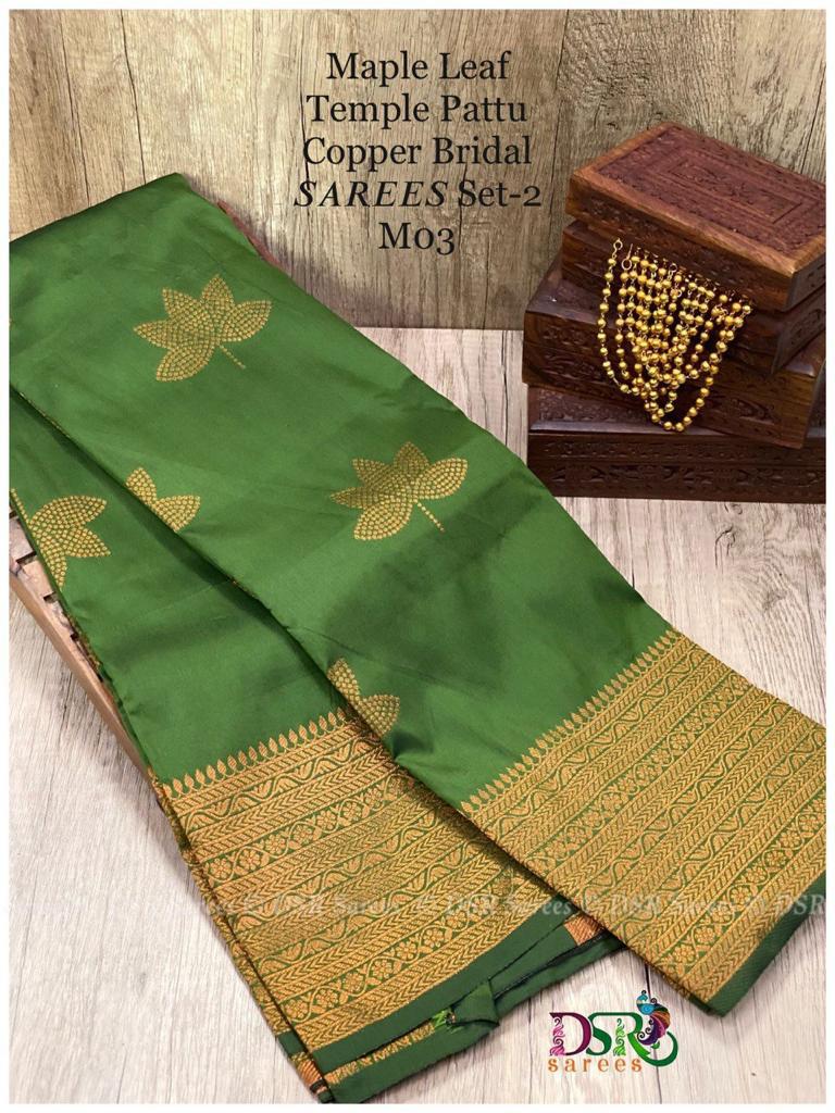 Maple leaf designed temple pattu copper work saree - Vannamayil Fashions