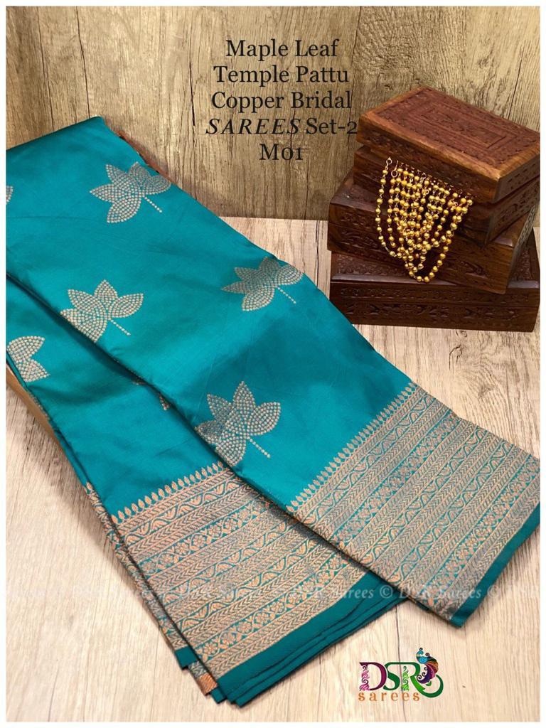 Maple leaf designed temple pattu copper work saree - Vannamayil Fashions
