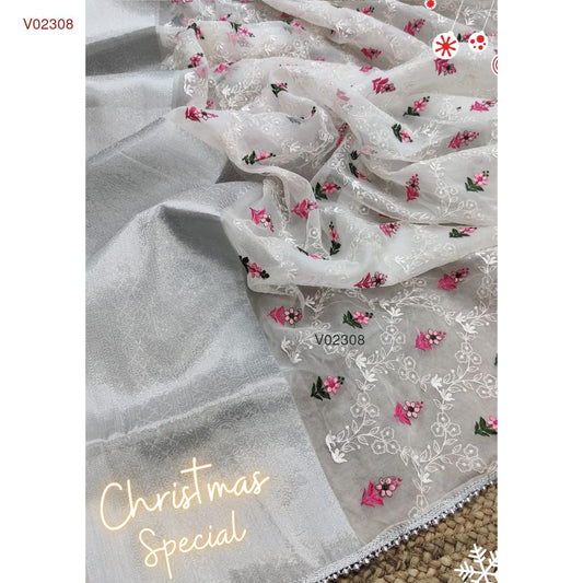 Organza weaving border silk saree (organza with silver border) with embroidery work in all over saree - Vannamayil Fashions