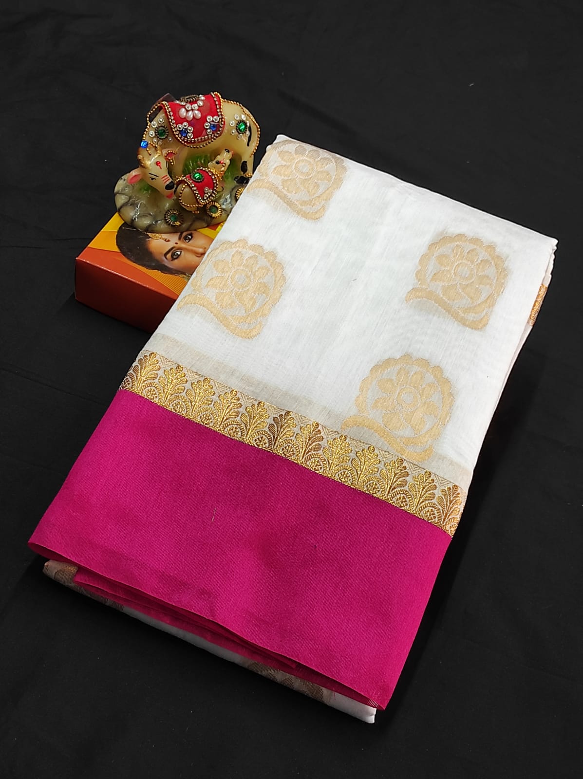 White & Pink Patola Printed Soft Cotton Silk Saree with Zari Border – Ethnos