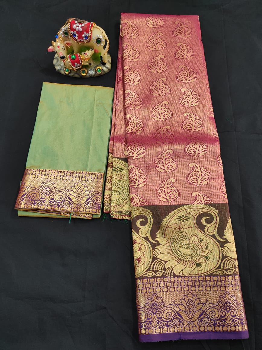Up to 10 years samuthrika type semi silk pattu pavadai material for kids - Vannamayil Fashions
