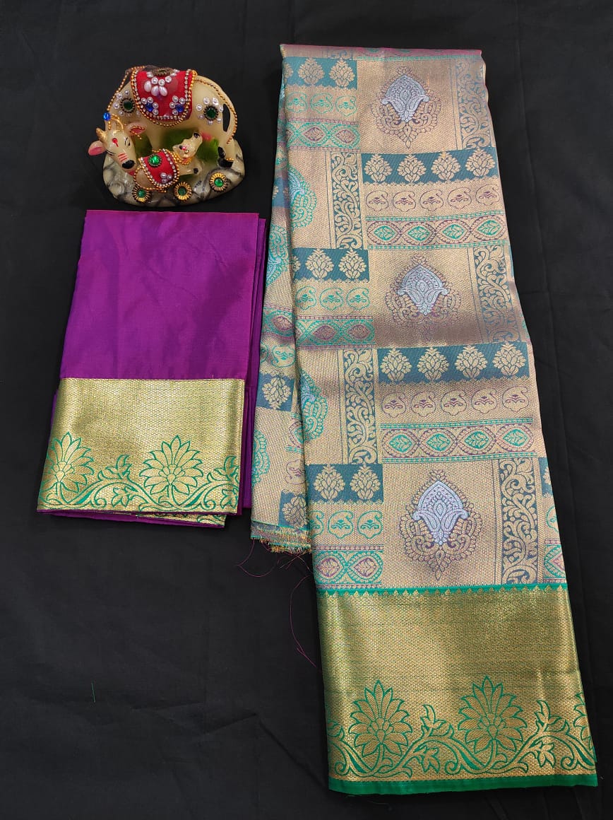 Up to 10 years samuthrika type semi silk pattu pavadai material for kids - Vannamayil Fashions