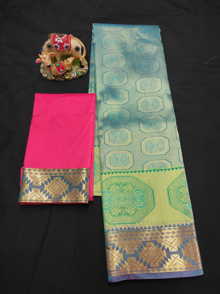 Up to 10 years samuthrika type semi silk pattu pavadai material for kids - Vannamayil Fashions