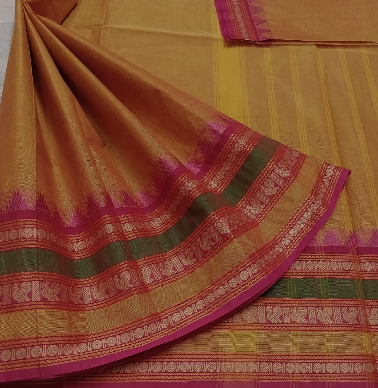 Buy Handloom Saga Pure Cotton Ikkat Saree having Small Flower Butti all  over the Body in Green With Yellow Border Combination of 5.5mtrs for Women  by ODISHA HANDLOOM at Amazon.in
