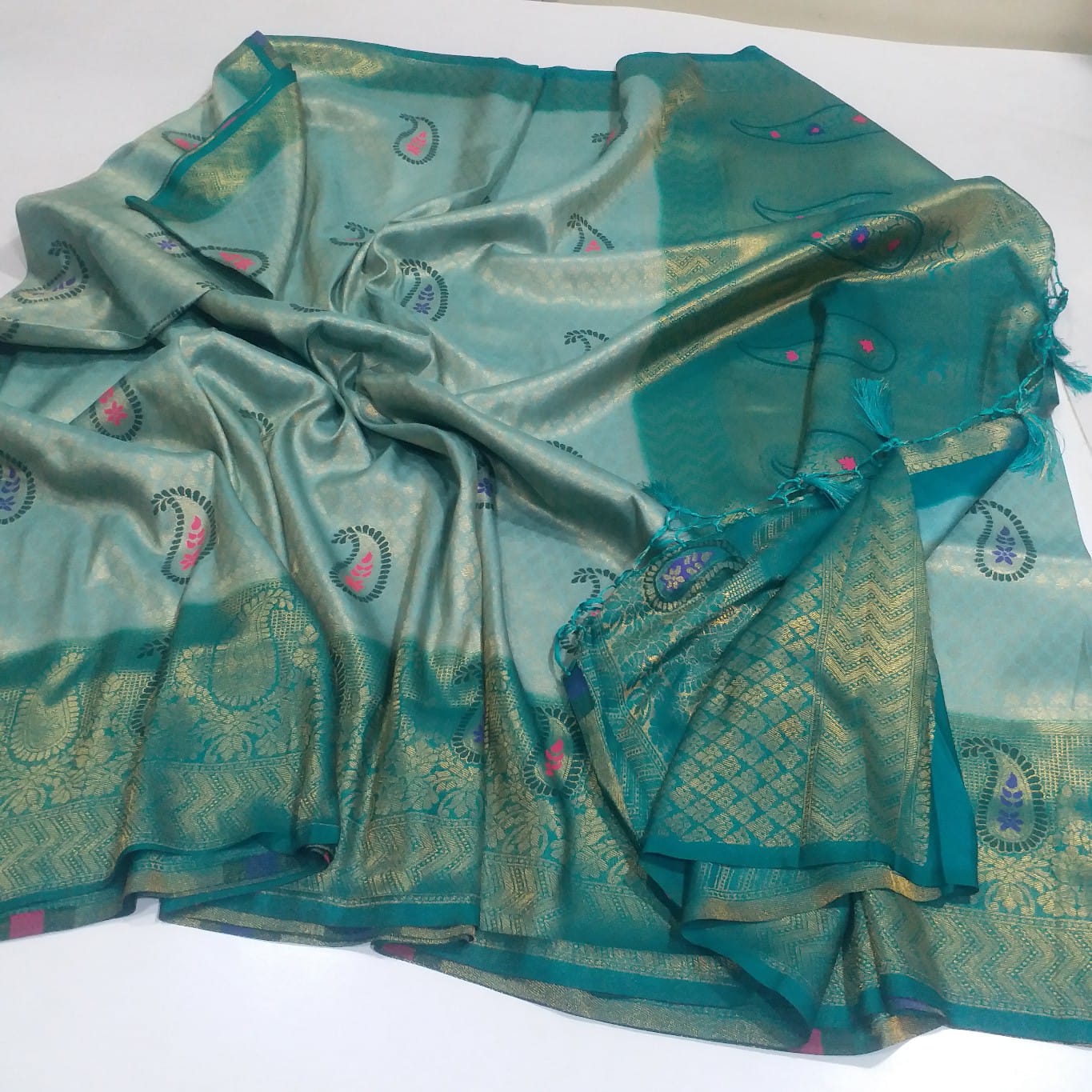 Blue floral vine embroidery fancy organza saree, patchwork border & pallu  of intricate zari work & meenakari motifs