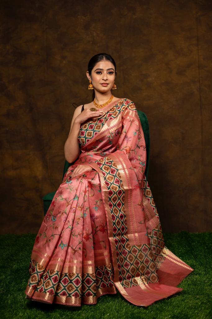 Buy Traditional Wear Pink Banarasi Silk Digital Printed Work Saree Online