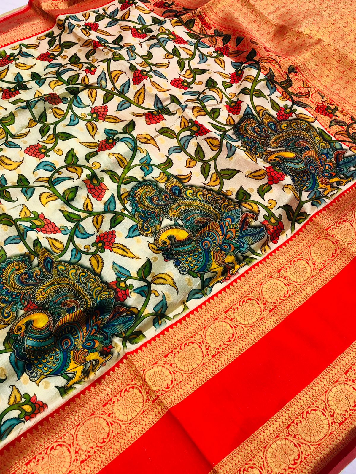 Multicoloured Peacock & Faces Hand-Painted Mal-Mal Cotton Kalamkari Sa –  Fashionous