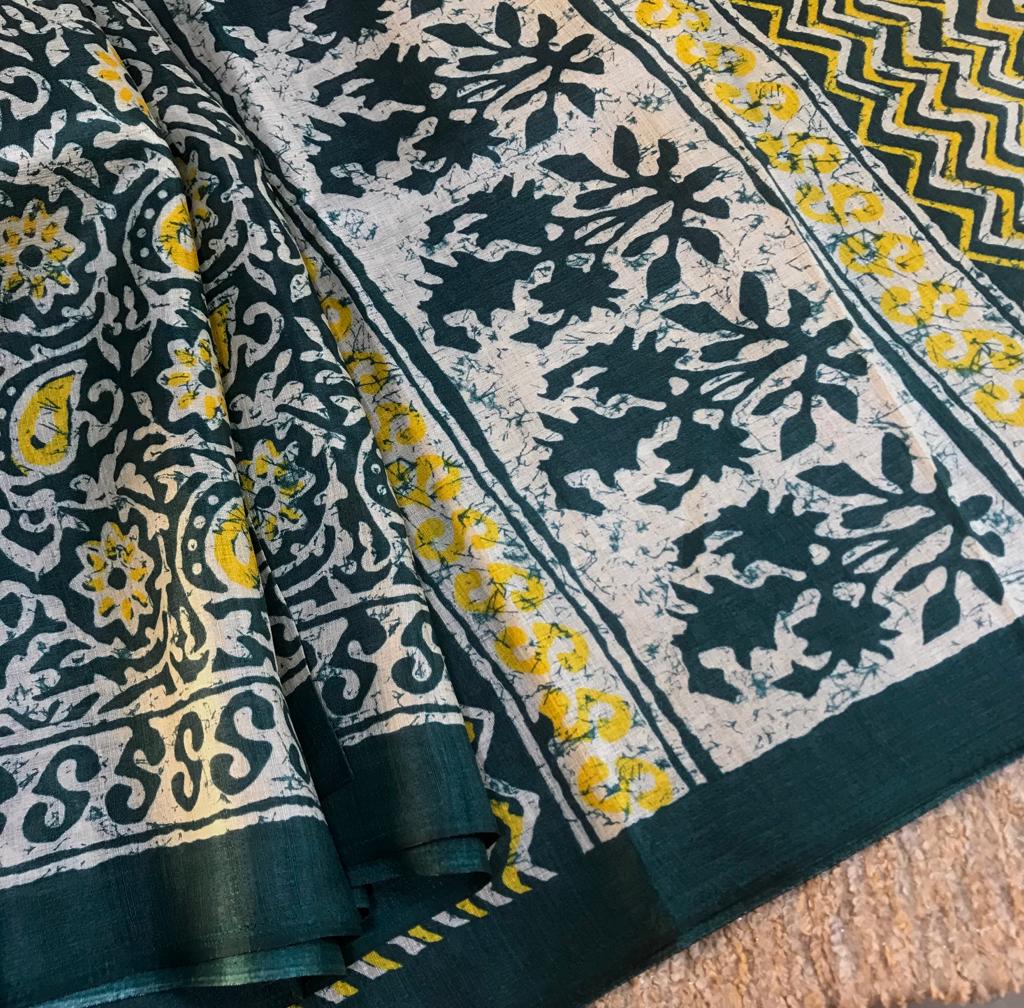 Batik and bagru printed semi tussar matka silk saree - Vannamayil Fashions
