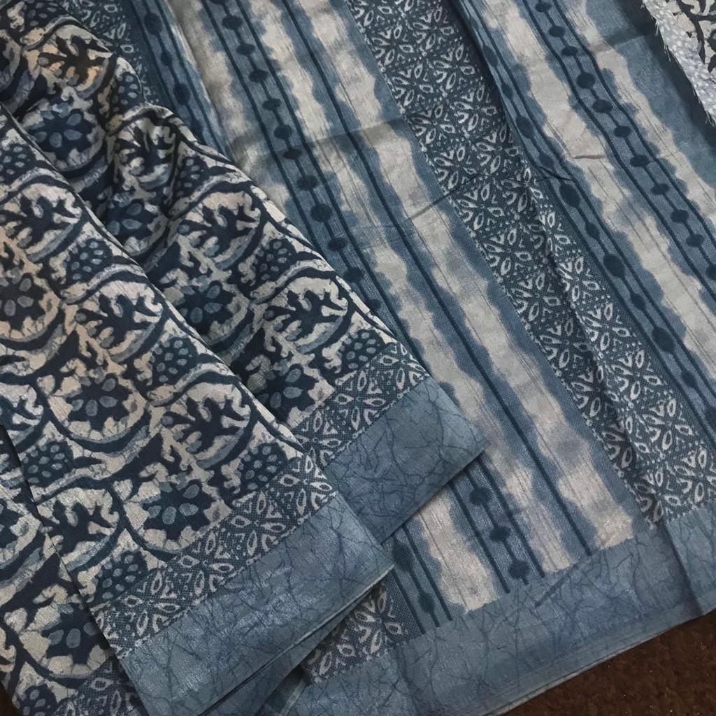 Batik and bagru printed semi tussar matka silk saree - Vannamayil Fashions