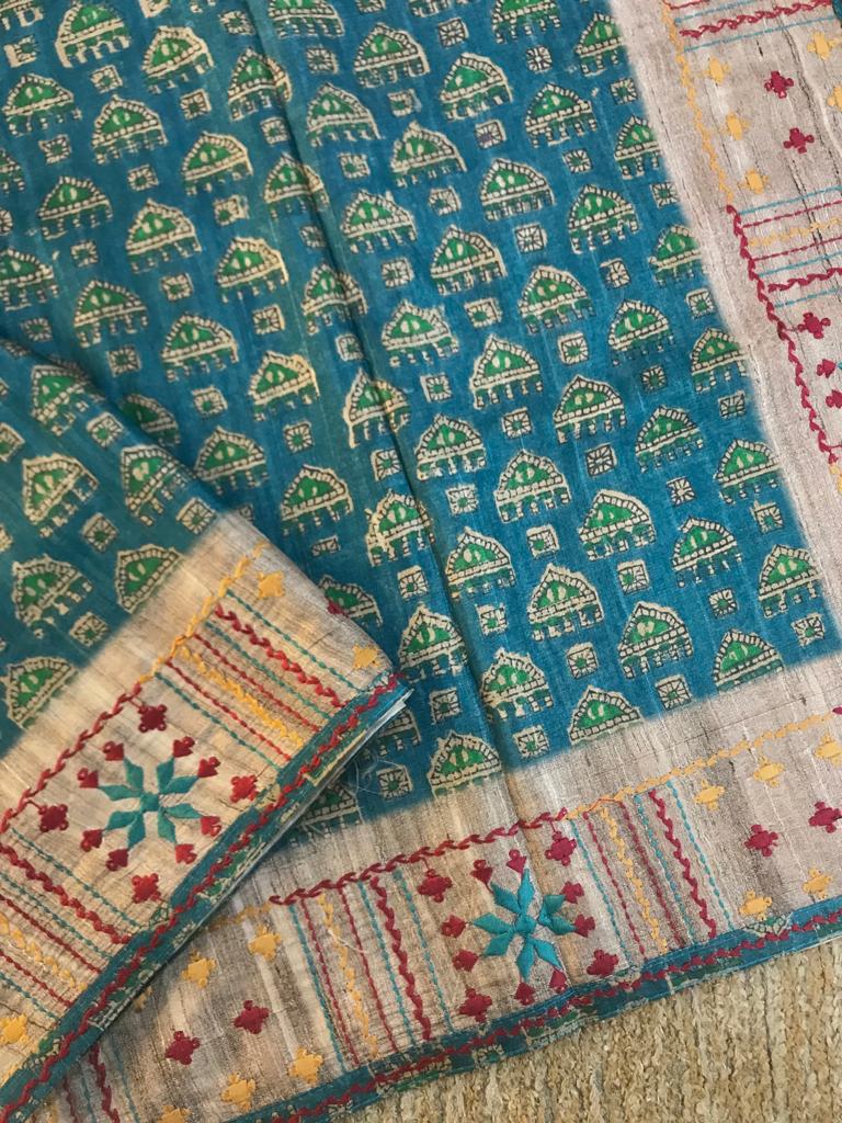 Champa tussar silk kutch embroidery work saree