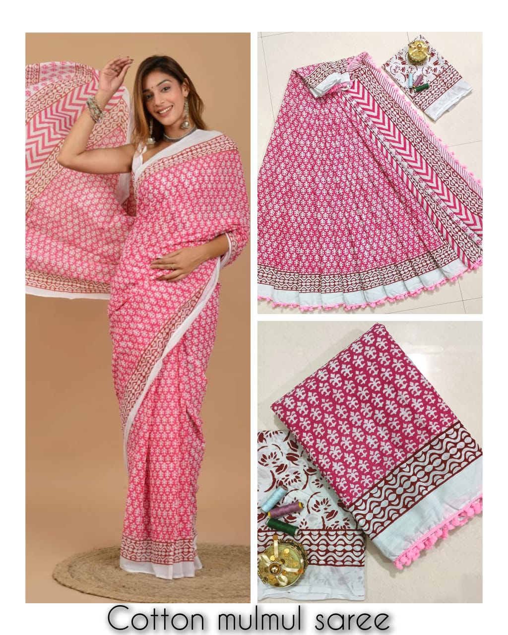 Cotton Pom-Pom Off-White & Green Wax-Batik Print Saree | Kishori